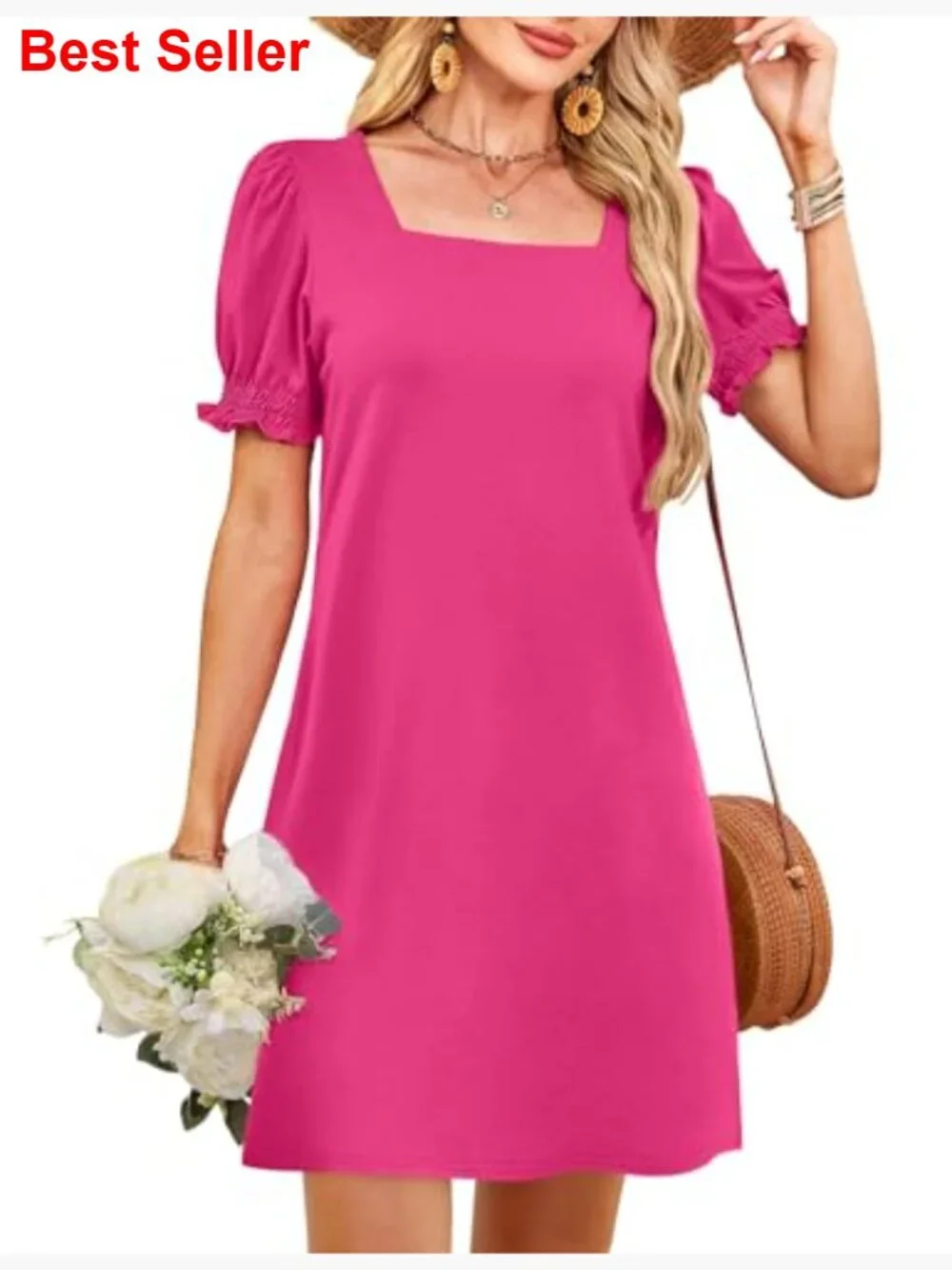 Square Neck Puff Sleeve Midi Dress with Pockets - Picture 3 of 7